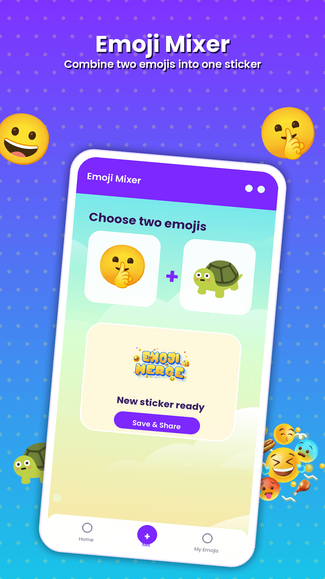 Emoji Mixer screen combining two emojis into a sticker