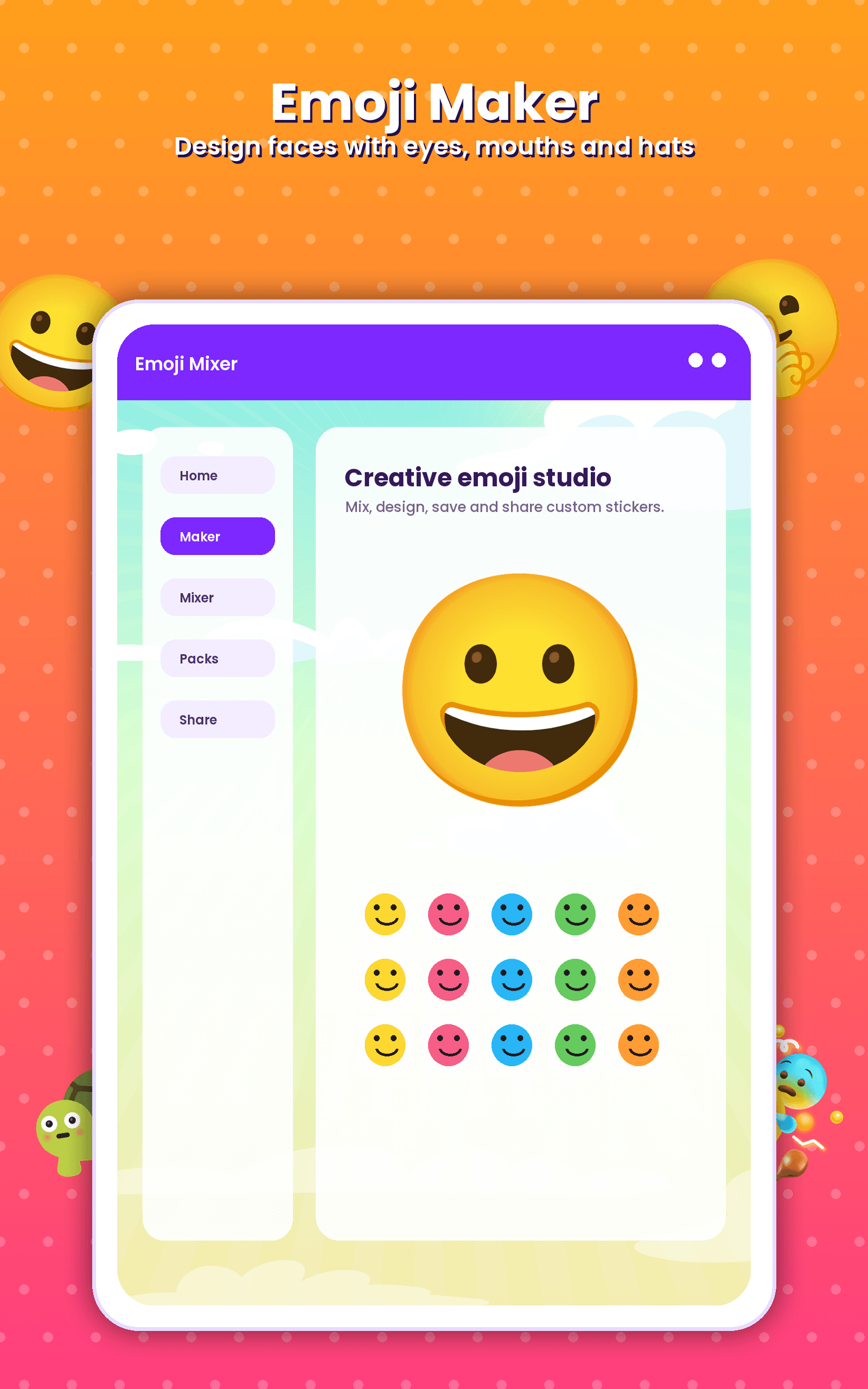 Emoji Mixer tablet screenshot showing the creative emoji studio