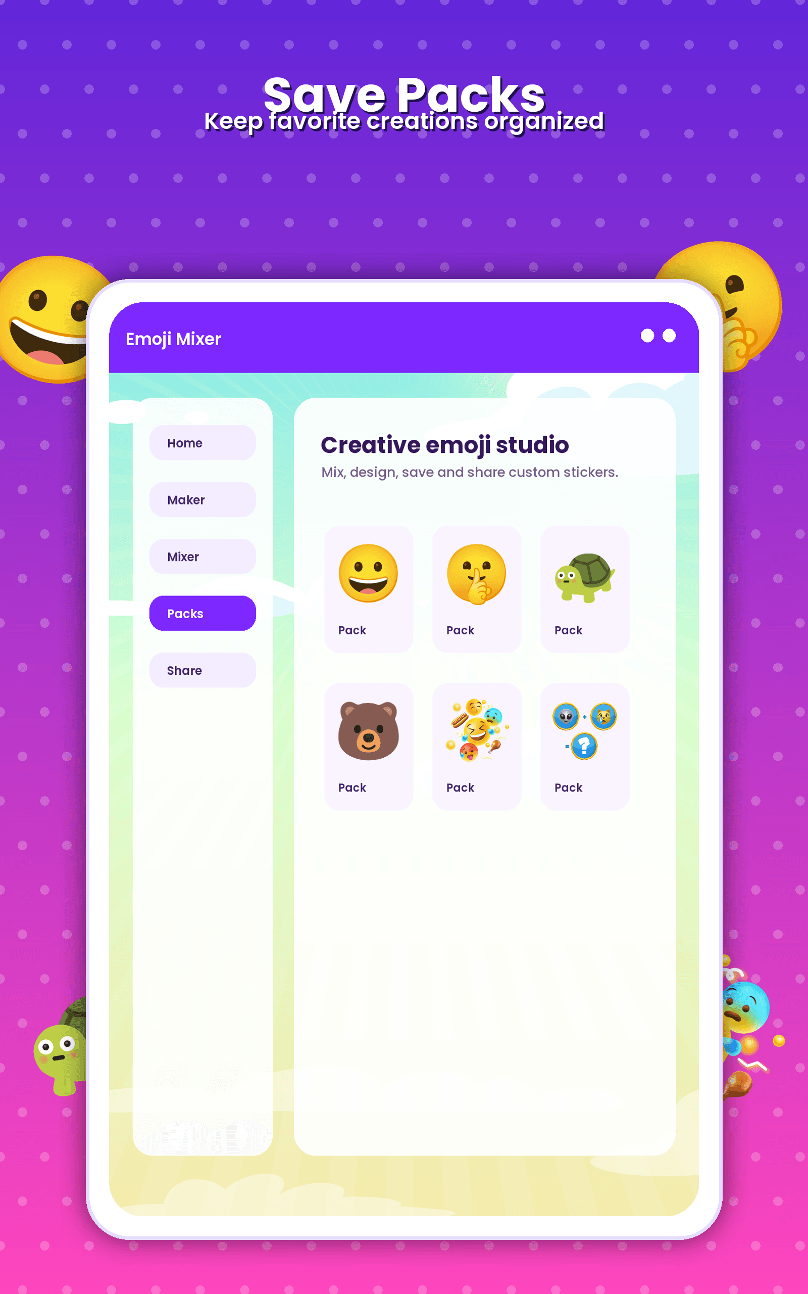 Emoji Mixer tablet screenshot showing saved emoji packs